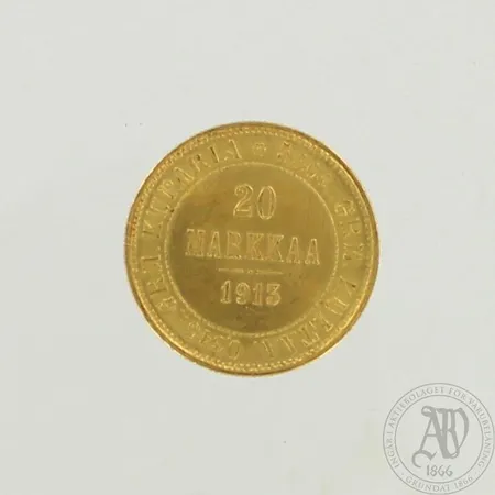 Kultaraha, Suomen suurruhtinaskunta 1913, nimellisarvo 20 markkaa, 900, paino 6,5g 