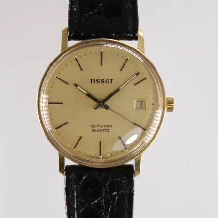 Kultarannekello Tissot Seastar quartz, nahkarannekkeella, minuuttiviisarin luminointi lohjennut, paristo loppu, 585br, paino 27,3g 