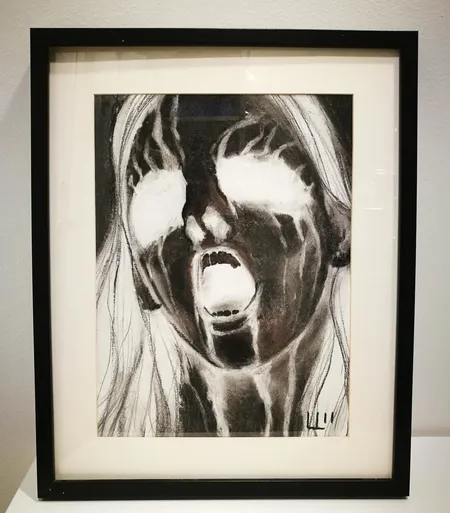 Hiilipiirrustus, Lauri Löppönen, mitat 29x39cm, kehyksissä kulumia Lähetetään postipakettina.