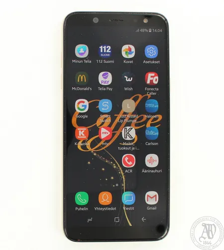 Älypuhelin Samsung Galaxy A6 gold, suojalompakko, laatikko, laturi ja ostokuitti 5.10.2018 