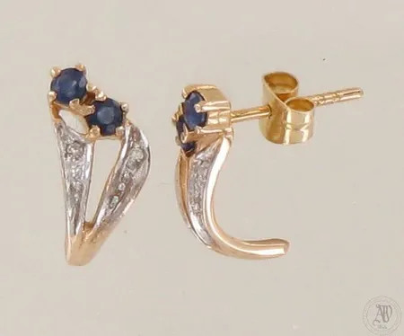 Sinisafiirikorvakorvanapit timanteilla 4xn.0.005ct, korkeus 23mm, 585br kelta- ja valkokulta, paino 1,6g