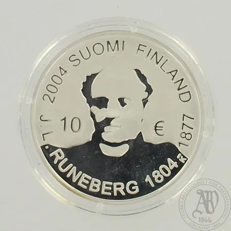 Juhlaraha, 2004, Johan Ludvig Runebergin (1804 - 1877) syntymän 200-vuotisjuhlan kunniaksi, 10euroa, 925, paino 27,3g 