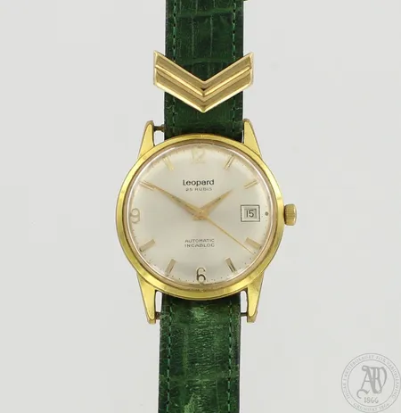 Teräsrannekello Leopard, 25 rubis, automaatti, pientä käytön jälkeä Ø 34mm, nahkaranneke