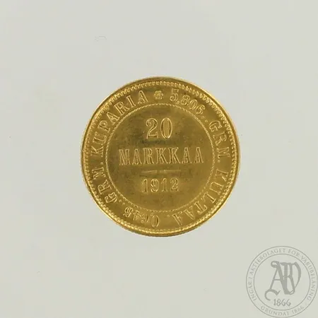 Kultaraha, Suomi - 1912, nimellisarvo 20 markkaa, 900, rasia, paino 6,4g