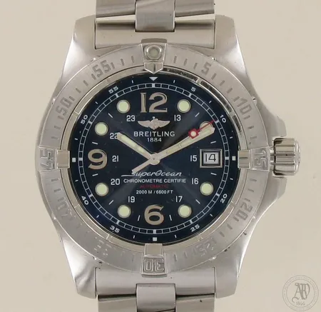 Teräsrannekello Breitling Superocean Steelfish, automaatti, sarjanumero 949785, A17390, rannekkeen pituus 180 -200mm, kaksi lisäpalaa 20mm, Ø 50mm, ostettu 20.12.2006, ohjekirja, aitoustodistus, säilytyskotelo ja laatikko.  