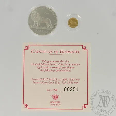 Ferrari-rahasarja, jossa kulta- ja hopearaha, nimellisarvot 20 ja 10 frangia, Kongo, 2004, 00251, 999 ja 925, paino 1,24g ja 25,0g