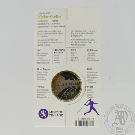 Raha, nimellisarvo 5 euroa, proof, Suomi, 2016.