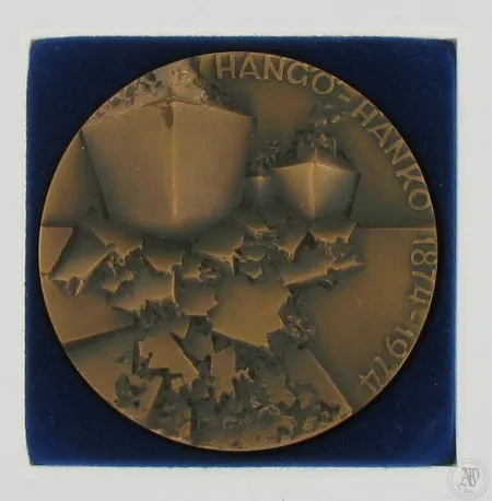 Muistomitali Hangö - Hanko 1874-1974, pronssi, laatikko