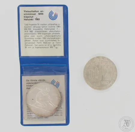 kaksi juhlarahaa, Suomi, MM 1983 Helsinki ja Sotainvalidien Veljesliitto 50 v 1990, 500-830br, paino 54,6g