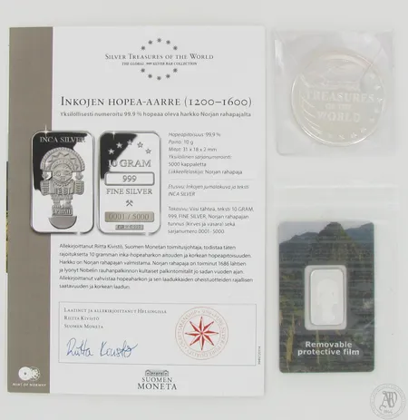 Inkojen hopea-aarre harkko, hopeoitu mitali, aitoustodistus, 999, paino 10,0g