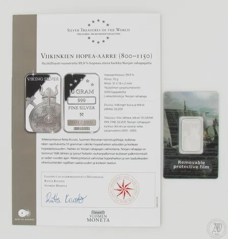 Viikinkien hopea-aarre harkko, aitoustodistus, 999, paino 10,0g 