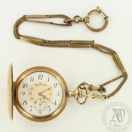 Taskukello American Waltham, kaiverrettu monogrammi, käytön jälkiä, 9872333, 15 kivinen, Ø 50mm, metallia, kellonperän pituus 47cm