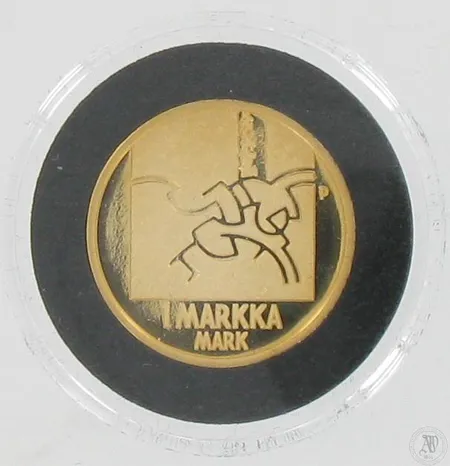 Kultaraha Viimeinen markka, Suomi, vuodelta 2001, numero 52074, todistus, puulaatikko, 750, paino 8,6g