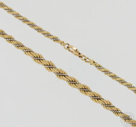 Cordell-kaulaketju, pituus 44.5cm, leveys 4-7mm, 585 kelta- ja valkokulta, paino 20,7g