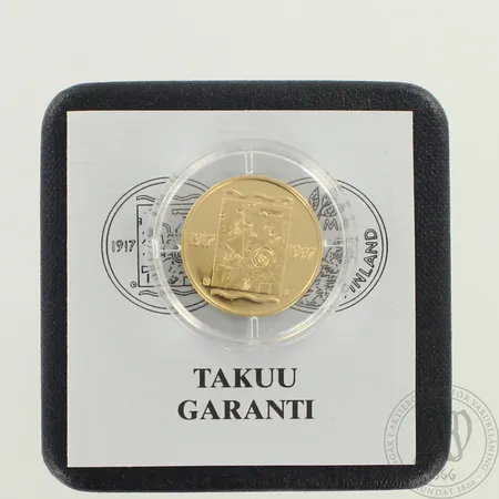 Kultaraha Itsenäisyyden 80-vuotisjuhlaraha, Suomi 1997, numero 008738, nimellisarvo 1000 markkaa, todistus, laatikko, 900, paino 8,6g 
