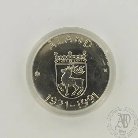 Juhlaraha Ahvenanmaan itsehallinto 70 vuotta 1921-1991, nimellisarvo 100mk, 925, paino 24,3g 