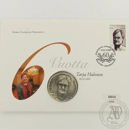 Rahakirje Tarja Halonen 60 vuotta 24.12.2003, ensipäiväkuori 1.12.2003 ja mitali, 925, paino 39,3g