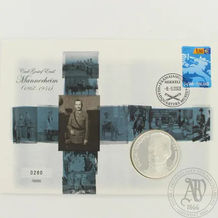 Juhlaraha Carl Gustaf Emil Mannerheim, nimellisarvo 10euroa, vuodelta 2003, todistus, 925br, paino 32,2g