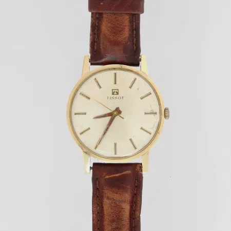 Kultarannekello Tissot, Mekaaninen, nahkarannekkeella, Ø 35mm, koneisto viallinen, käytön jälkiä, vetonuppi ei alkuperäinen, 585br, 35,4g
