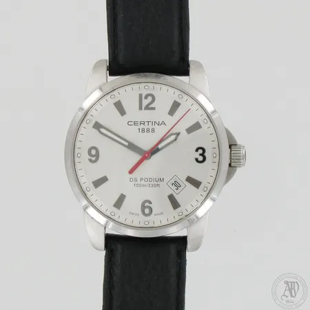 Miesten teräsrannekello Certina DS PODIUM nahkarannekkeella, Quartz, pituus ja Ø 230mm ja 45mm, Suositellaan huoltoa.  