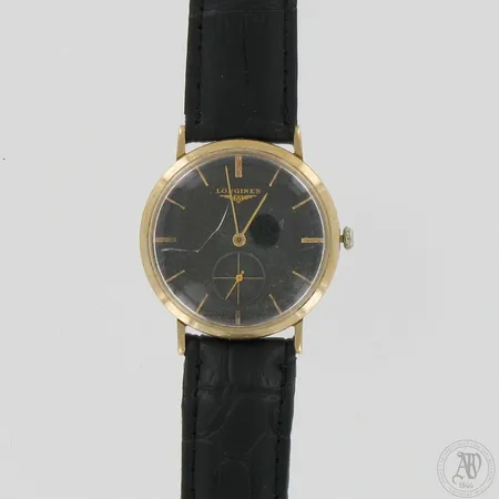 Teräsrannekello Longines nahkarannekkeella, pituus 170 - 210mm, manuaali vetoinen, lasi ja takakansi rikki.