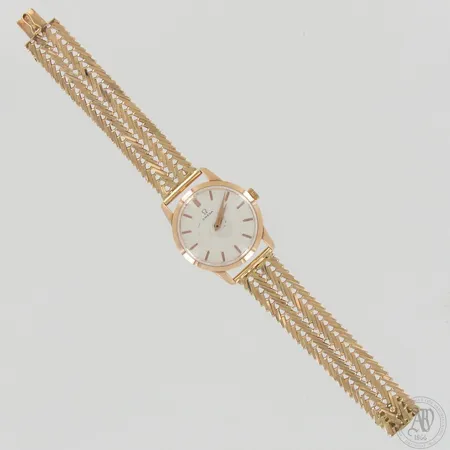 Miesten kultarannekello Omega, pituus ja Ø 210mm ja 38mm, mekaaninen, taulussa jälkiä ja takakanessa kaiverrus, 585br 60,3g 