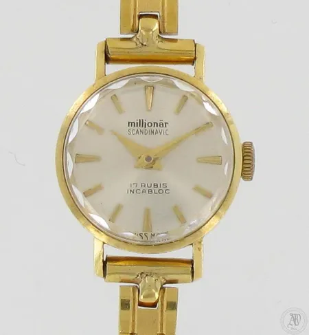 Kultarannekello Miljonär Scandinavic, mekaaninen, taulun Ø 18mm, kullatun rannekkeen pituus 170mm, 750br, paino 17,6g