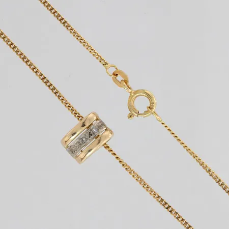 Kaulaketju ja timanttiriipus 2xn.0.005ct, ketjun pituus 40,5cm, riipuksen korkeus 10mm, 585, paino 3,8g