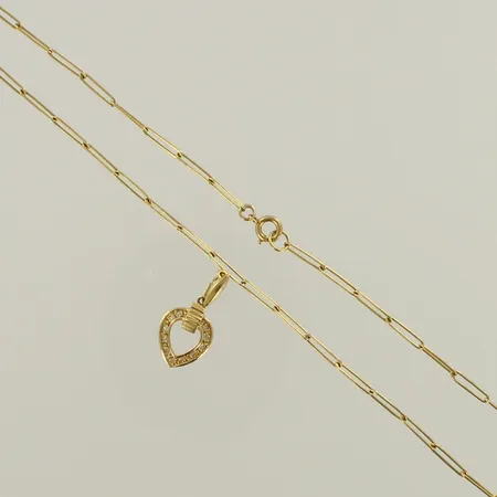 Timanttikaulakoru 11xn.0.005ct, riipuksen korkeus 20mm, ketjun pituus 39cm, 585br, paino 4,1g 