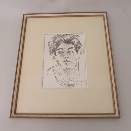 Lyijykynäpiirros, ''kasvot'', signeeraus Anitra Lucander (1918-2000) 1972, mitat 18x12cm
