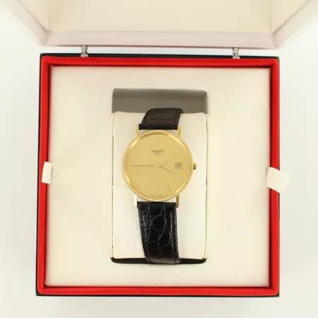 Kultarannekello Tissot 1853, quartz, nahkaranneke, Ø33mm, laatikko ja paperit, 750br, paino 30,5g