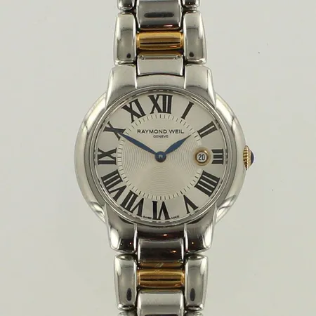 Teräsrannekello Raymond Weil, Jasmine, sarjanumero K304346, ref 5229-55-00659, taulun Ø 29mm, rannekkeen pituus 17cm, 2 lisäpalaa, Quartz: paristo loppunut, laatikko ja aitoustodistus