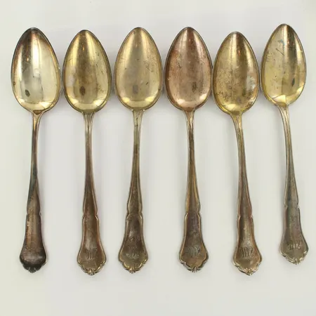 Kuusi jälkiruokalusikkaa, Chippendale, kaiverrettu, pituus 170mm, 813-830, paino 217,2g