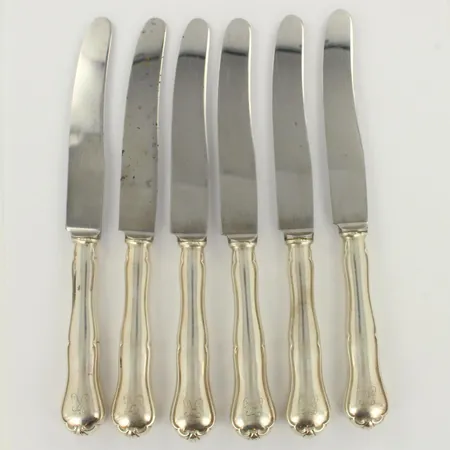 Kuusi veistä, kaiverrettu, Chippendale, pituus 190mm, 813br, paino 345,8g