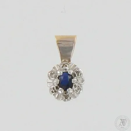 Sinisafiiri-riipus timanteilla 6xn.0.005ct, korkeus 12mm, 585br kelta- ja valkokulta, paino 0,5g