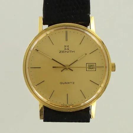 Kultarannekello zenith quartz, kaiverrettu , ei käy, rungon Ø33,6mm, nahkaranneke, 750br, paino 27,0g 
