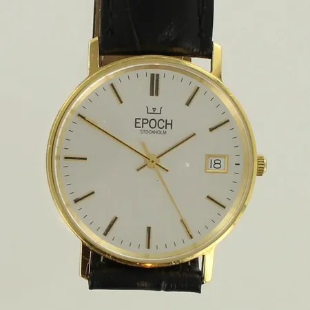 Kultarannekello epoch stockholm, quartz, kaiverrettu, rungon Ø33,6nn, nahkaranneke, 750br, paino 33,0g 