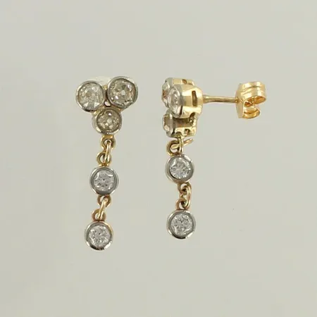 Timanttikorvakorut, 10xn.0.08ct-0.13ct osa vanhahiontaisia timantteja, korkeus 23mm, 585-750 kelta- ja valkokulta, paino 2,7g 