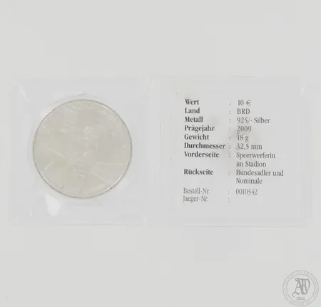 Juhlaraha Saksa, 12. Leichtathletik - WM in Berlin, nimellisarvo 10 euroa, vuodelta 2009, todistus, kotelo, 18,0g, 925