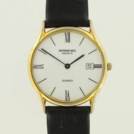 Teräsrannekello, Raymond Weil, Geneve, quartz, taulun Ø 33mm, lasissa naarmuja, rungossa kulumaa, nahkaranneke