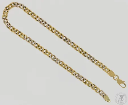 Ranneketju, pituus 25,5cm, leveys 5mm, pieniä käytön jälkiä, 750 kelta- ja valkokulta, paino 7,8g