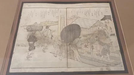 Väripuupiirros Hokusai - Japani, mitat 23x29cm, kehyksen kanssa 52,5x72cm. Ota yhteys panttilainaamoon kuljetusmaksusta sopimiseksi.