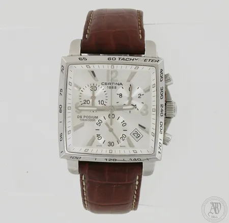 Teräsrannekello nahkarannekkeella, Certina 1888 Ds Podium, quartz, C001517A, pieniä käytön jälkiä, taulun mitat 33x50mm