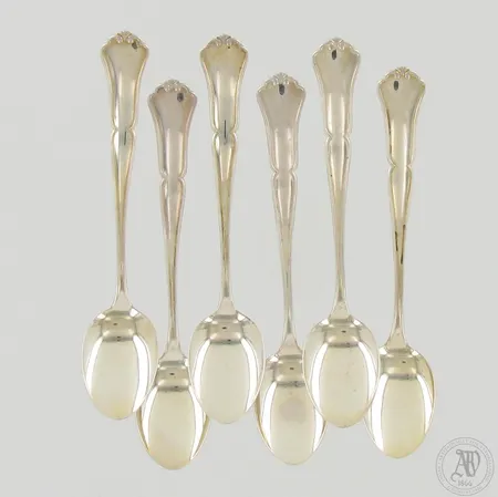 Kuusi kahvilusikkaa Chippendale, pituus 115mm, 830, paino 54,1g