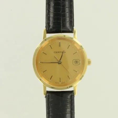 Naisten kultarannekello Certina TR633 nahkarannekkeella, quartz, Ø25mm, pituus 180mm, ei patteria, kotelo, ostopäivä 15.7.2006, 585br, paino 16,9g