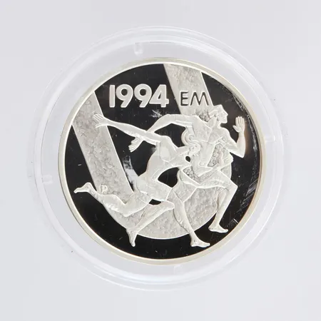 Juhlaraha, Yleisurheilun EM-kisat 1994, nimellisarvo 100 Markkaa, rasia ja todistus, 925, paino 24,0g Paino: 24,4 g