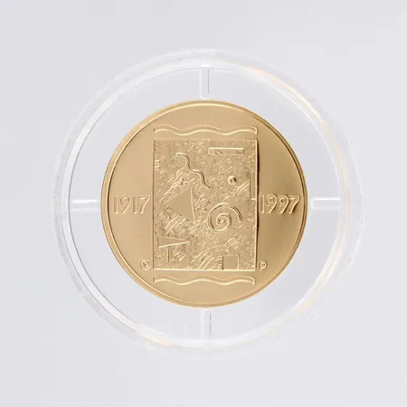 Kultaraha Itsenäisyyden 80-vuotisjuhlaraha, Suomi 1997, numero 011481, nimellisarvo 1000 markkaa, todistus, laatikko, 900, paino 8,6g 