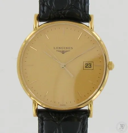 Kultarannekello Longines, kaiverrettu, paristo loppunut, quartz, ref: L4 743 6, taulun Ø 34mm, Longines- nahkahihnan pituus 195mm, 750br, paino 32,7g
