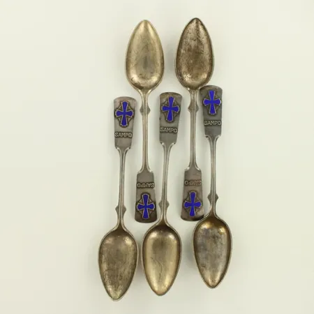 Viisi jälkiruokalusikkaa, sampo, käytön jälkiä, pituus 140mm, 813hopea, paino 98,7g 