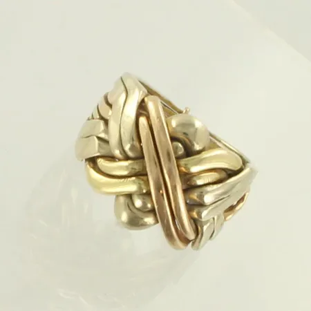 Pirunnyrkkisormus, koko 18, 3-värinen, 8-osainen, 585 valko-, kelta- ja punakultaa, paino 13,3g 